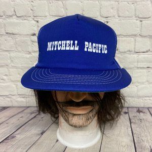 Vintage Trucker Hat Mesh 80s Cap Blue White Mitchell Pacific One Size 1980s